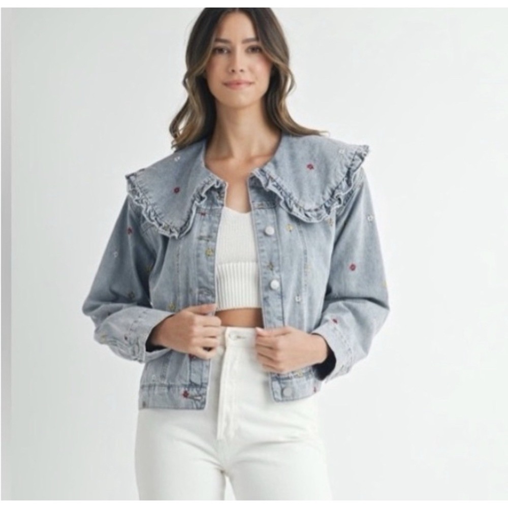 Cottagecore Denim Jacket Floral Embroidered Peter Pan Collar Coquette‎ Fairycore
